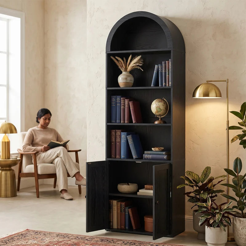 70-Inch Black Arched Bookcase with 6 Shelves - Freestanding Storage Cabinet for Living Room and Kitchen