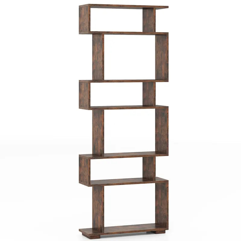 6-Tier S-Shaped Geometric Bookcase with Anti-Tip Kits, Space-Saving Storage Shelf