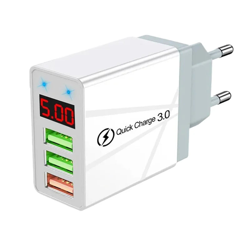 3-Port USB Fast Charger Wall Adapter with LED Display for Smartphones and Tablets