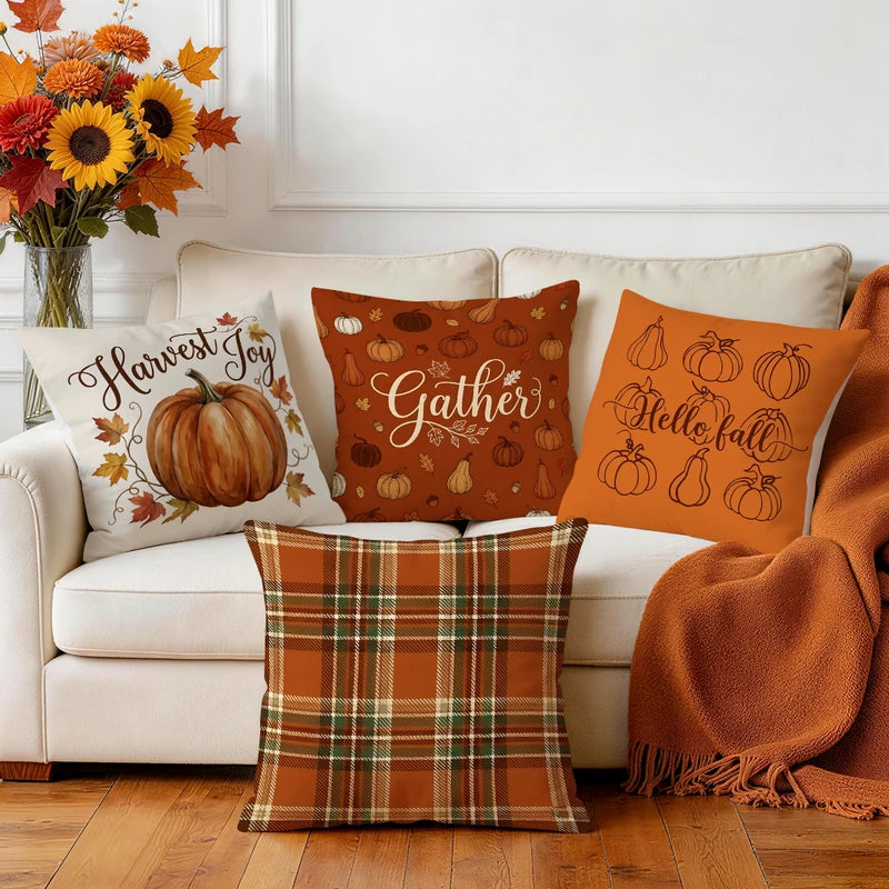 Warm Orange Plaid Harvest Pumpkin Cushion Cover - 45x45cm Polyester Decor Pillowcase