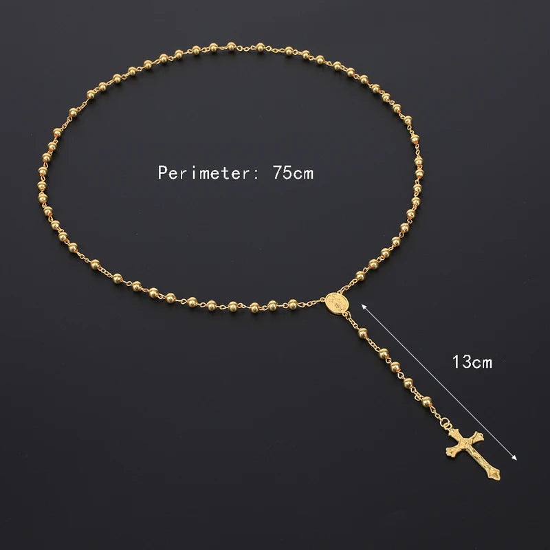 Gold Color Rosary Necklace for Men & Women Long Beads Chain Cross Pendant Religious Jewelry Gift
