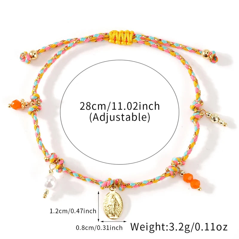 Multicolor Braided Rope Bracelet with Virgin Mary Pearl Charm Adjustable Women’s Jewelry