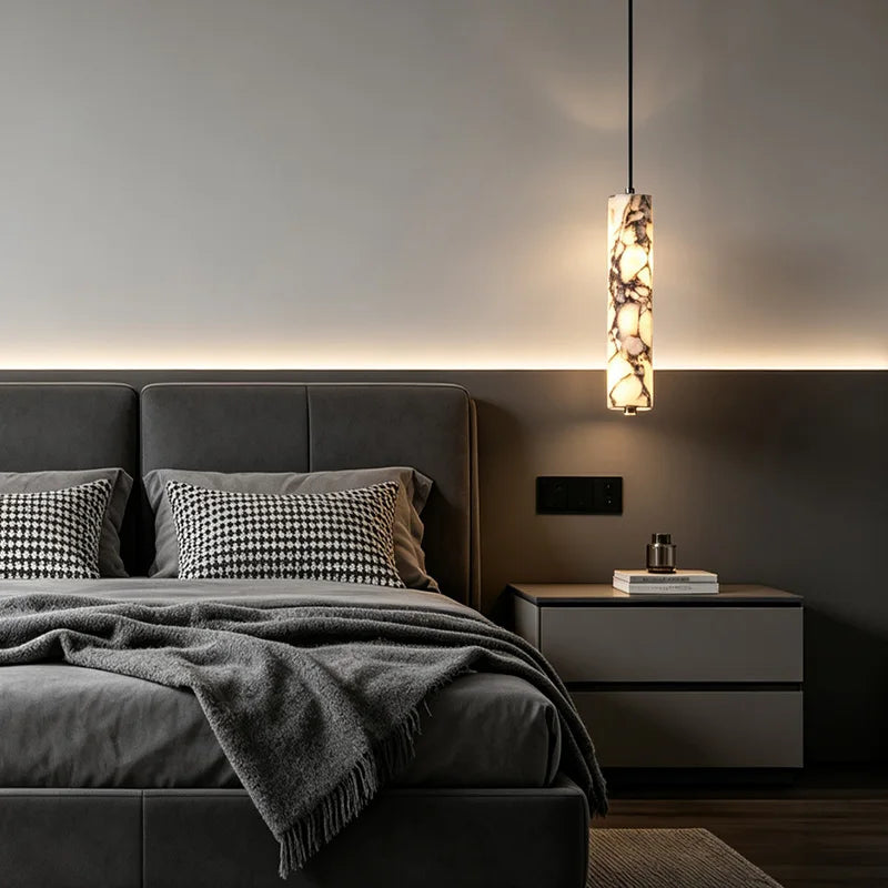 Black Cylinder Pendant Lamp - Natural Stone High-End LED Chandelier for Living Room & Bedroom