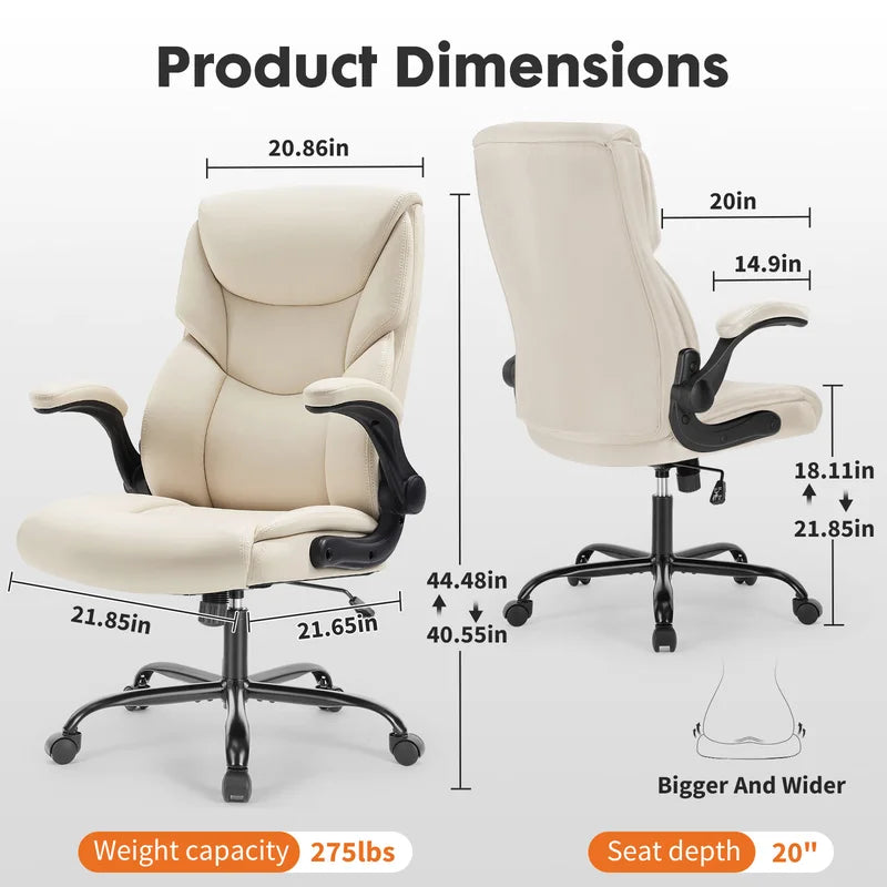 Ergonomic Office Chair with Flip-Up Arms and Adjustable Swivel - Heavy Duty PU Leather Gaming Desk Chair