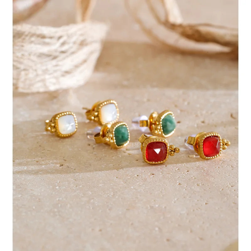 Square Stud Earrings with African Jade Agate Stone in Gold & Silver Tones – Women’s Retro Jewelry