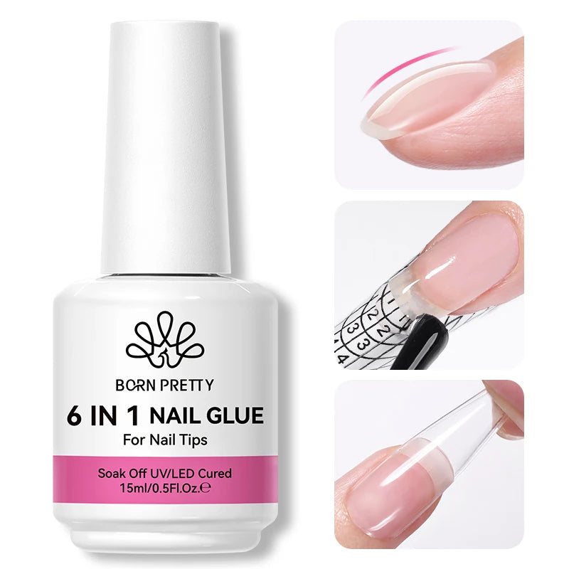 6-in-1 Nail Gel Glue Kit with Base, Top Coat & False Tips - 15ml