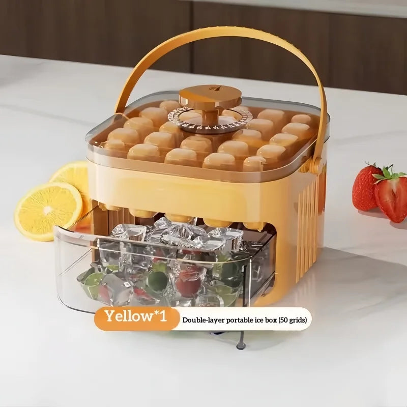 Press Type Ice Cube Mold with Lid - Reusable Double-Layer Ice Tray for Freezer