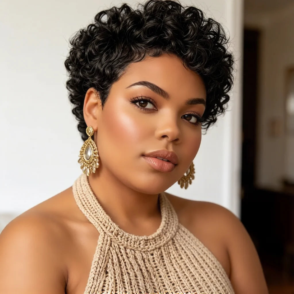 Short Pixie Human Hair Wig for Women Curly Wavy Bob Cut with Bangs