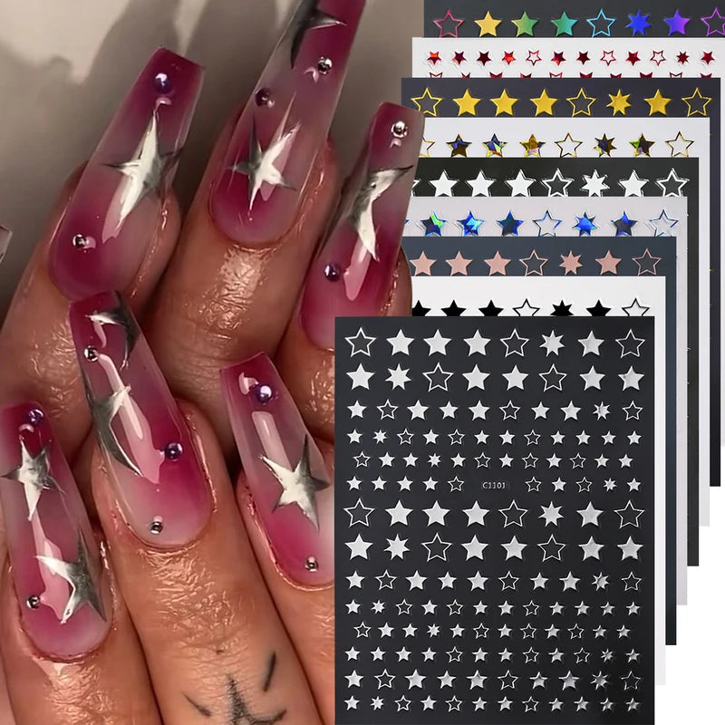 3D Nail Art Sticker Set - Silver Red Star Pentagram Decals for Manicure
