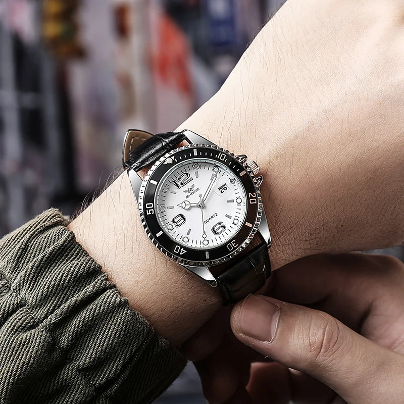 Men's Leather Strap Quartz Wristwatch - Luxury Fashion Calendar Watch