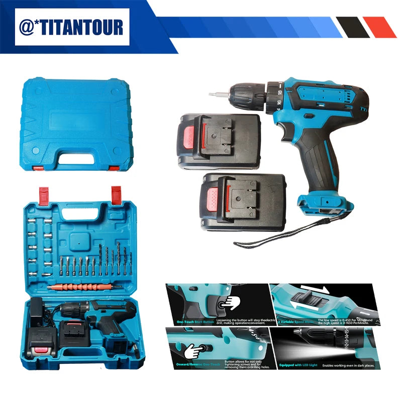 21V Cordless Drill Driver Set with 2 Batteries and Bits - 6 Speed, 18+1 Torque