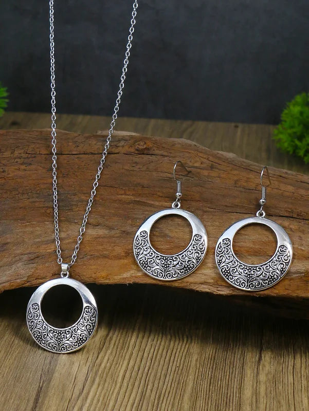 Vintage Ethnic Silver Pendant Earrings Necklace Set for Women - Carved Jewelry