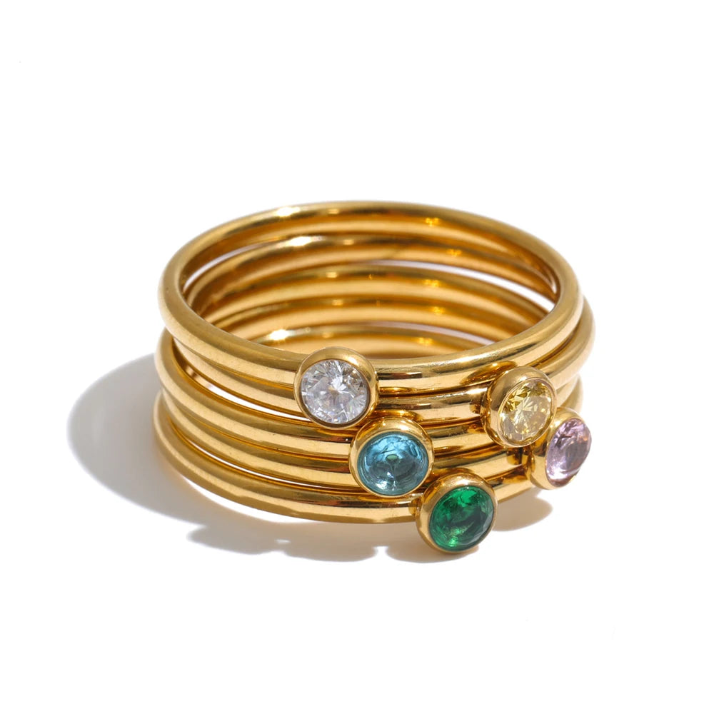 Delicate Stainless Steel CZ Ring Set with Zirconia Layered Design - Multiple Colors