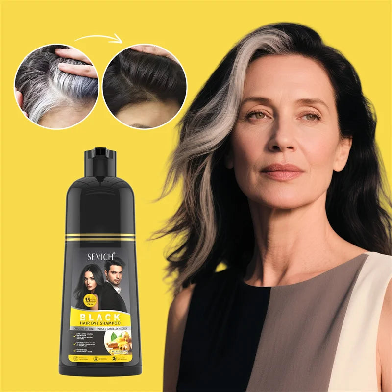 Herbal Hair Dye Shampoo - Black Plant-Based Permanent Color for Gray Hair - 500ml