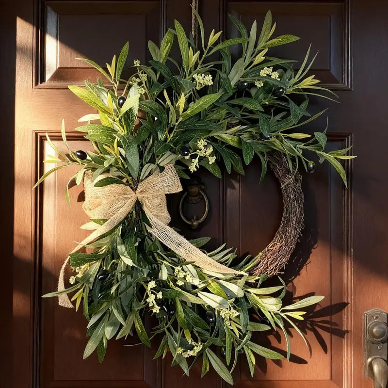 Artificial Greenery Spring Wreath with Olive Leaves and Bow for Front Door & Indoor Decor