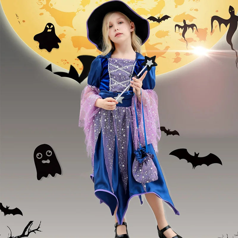 Girls Witch Costume Dress with Hat, Wand & Bag for Halloween Party Kids Cosplay