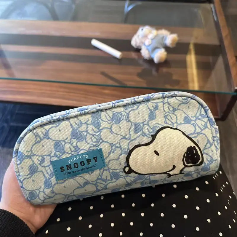 Cute Snoopy Pencil Case with Bone Pulling Makeup Bag - Blue Cartoon Travel Storage