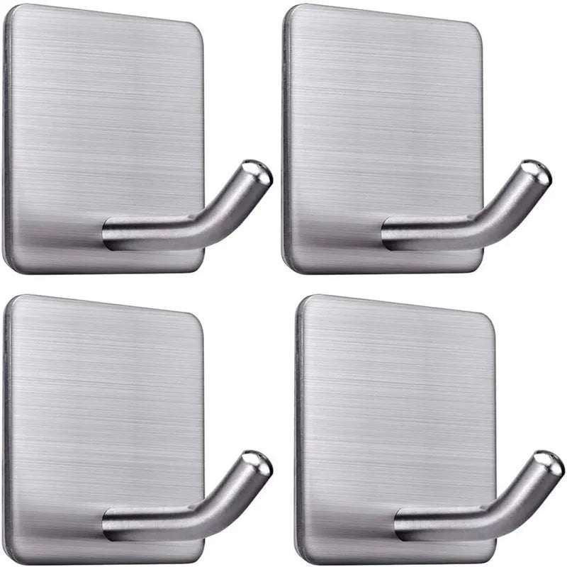 4PCS Stainless Steel Wall Mount Hooks Self-Adhesive Key Towel Jacket Bag Rack