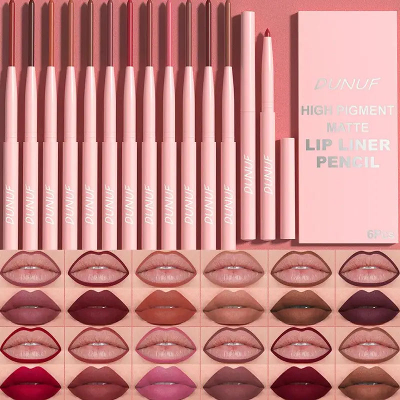 Velvet Matte Lip Liner Pencil Set - 6 Colors, Long-Lasting, Waterproof, Easy to Define Lips