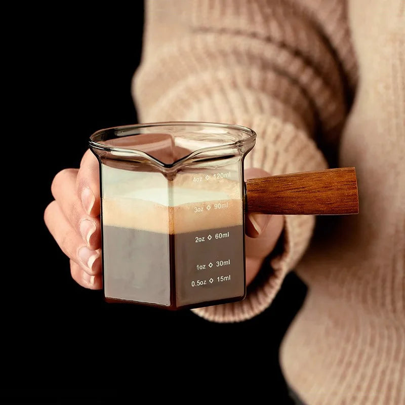 120ml Glass Espresso Measuring Cup with Scale & Wooden Handle - Coffee & Latte Tool
