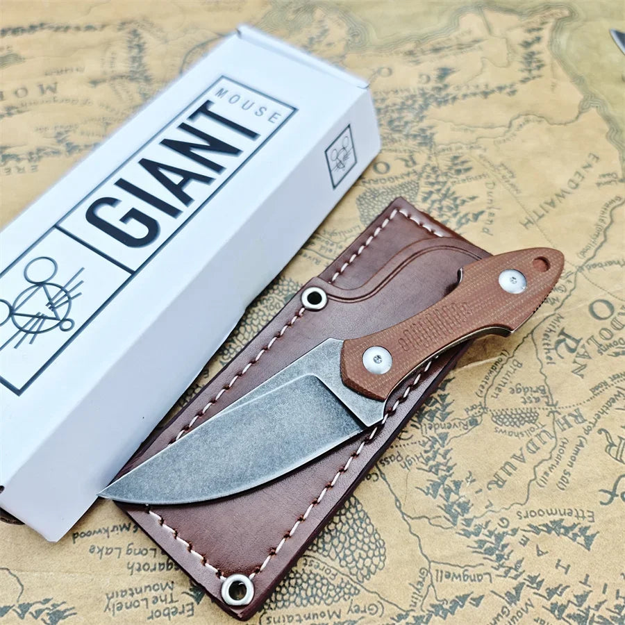 Fixed Blade Camping & Hunting Knife with Leather Sheath, Satin Drop Point Blade, 16.3cm