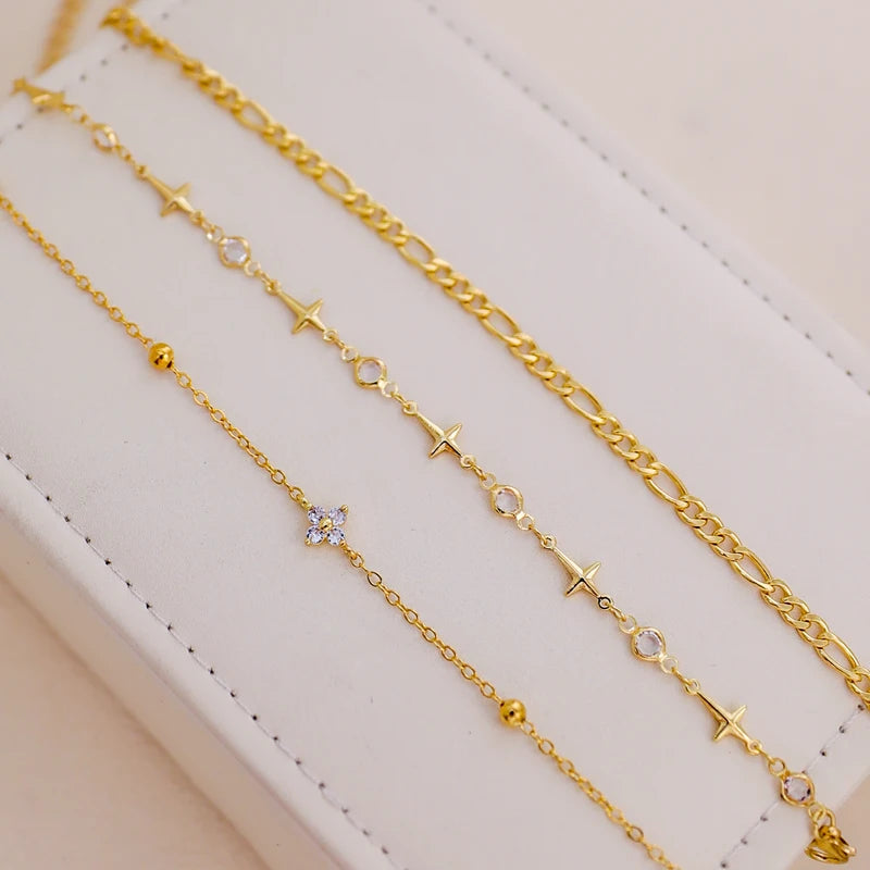 3-Pack Handmade Cross Chain Anklet with Eye-Shaped Crystal and Flower Decor Beach Jewelry