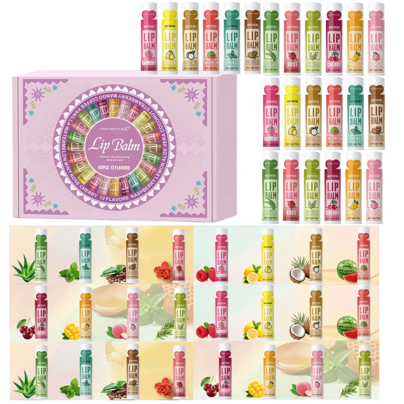 Moisturizing Lip Balm Set 48PCS with Flower Fragrance 5g Brightening Lip Color Gift