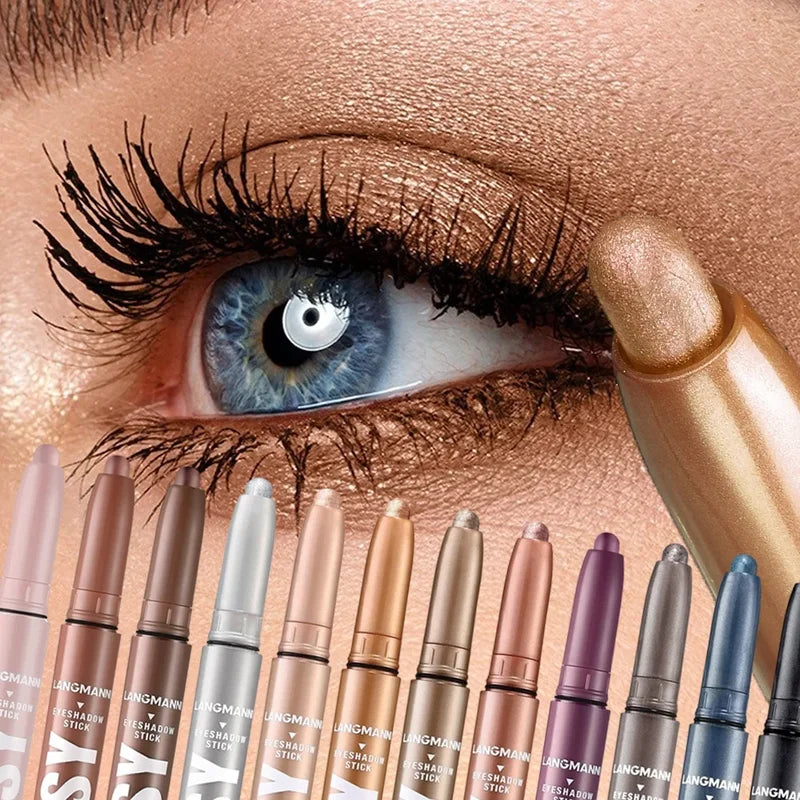 12-Color Waterproof Glitter Matte Eyeshadow Stick Set - Long-Lasting Eye Makeup Pencil
