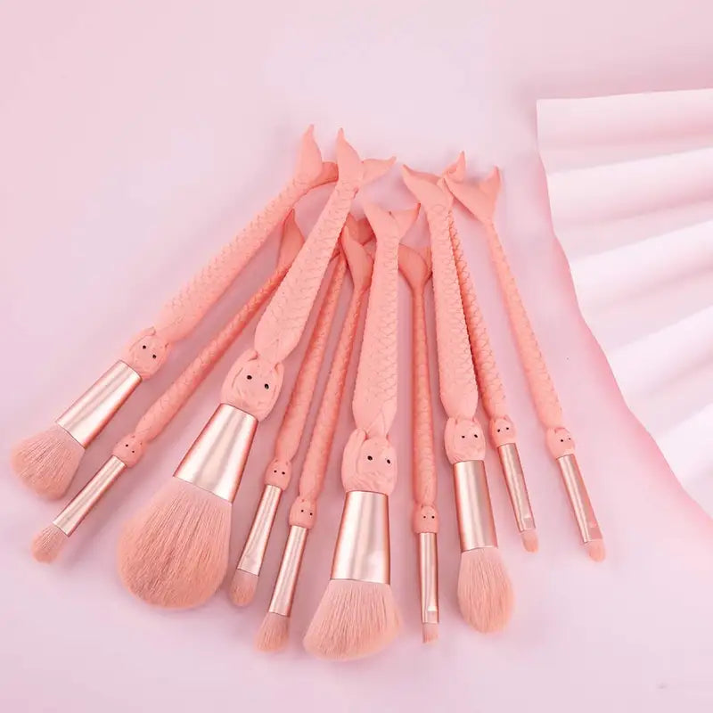 10-Piece Mermaid Makeup Brush Set - Powder, Blush, Eye Shadow & Lip Tools