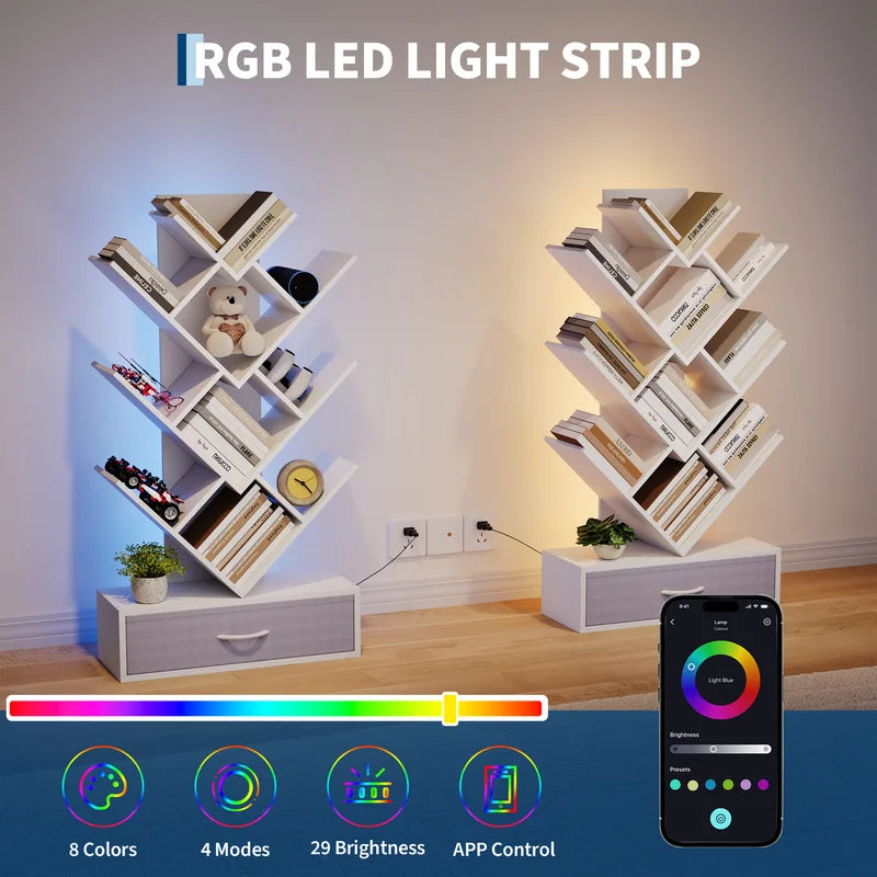 Tree Bookshelf with LED Lights 7-Tier Narrow Bookcase Storage Rack for Small Spaces
