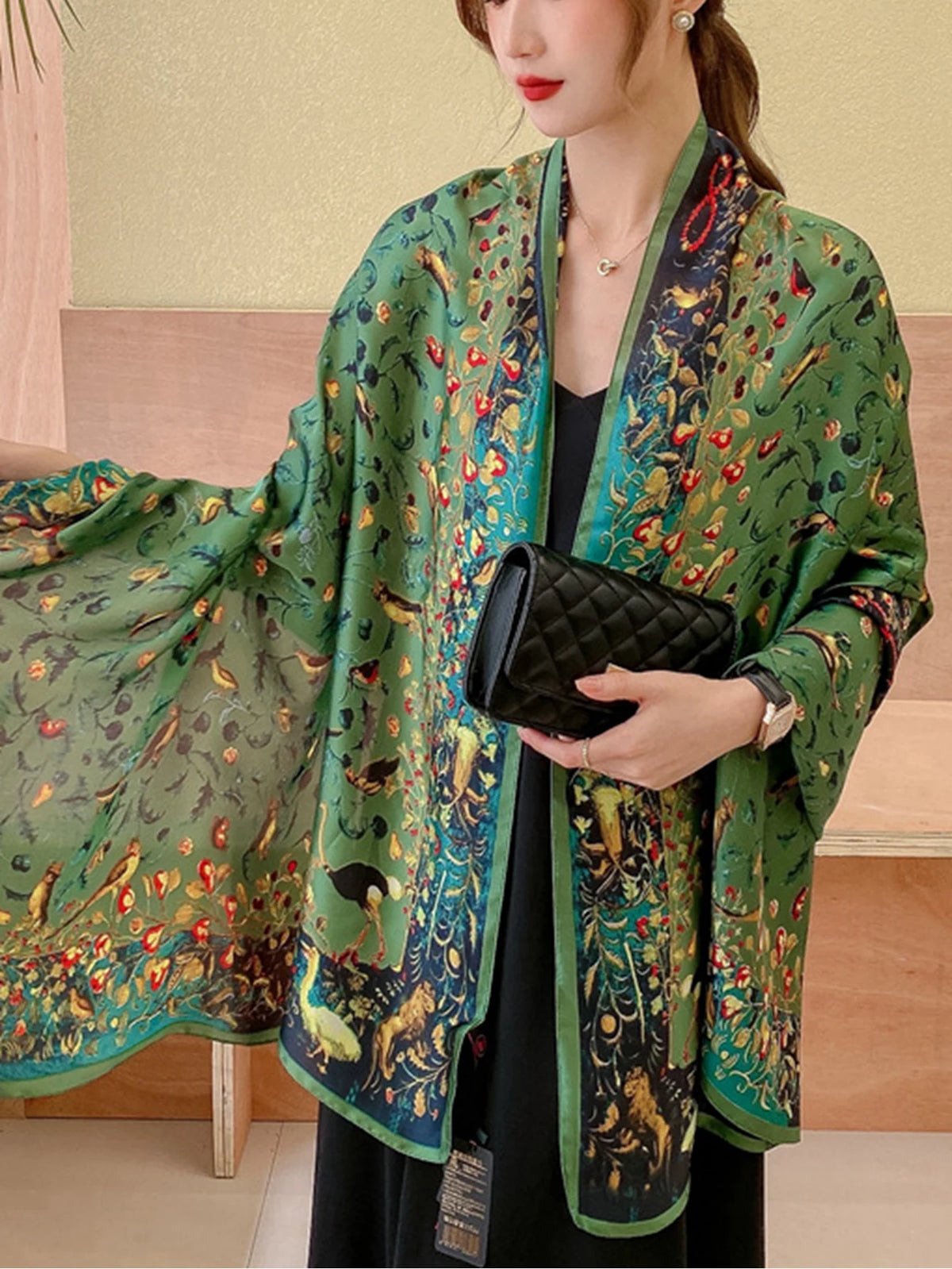 Luxury Floral Silk Beach Cover-Up Sarong Wrap for Women 90x180cm