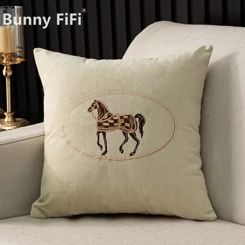 Elegant Hand-Embroidered Cushion Cover with Horse Design 45x45cm - Multiple Colors