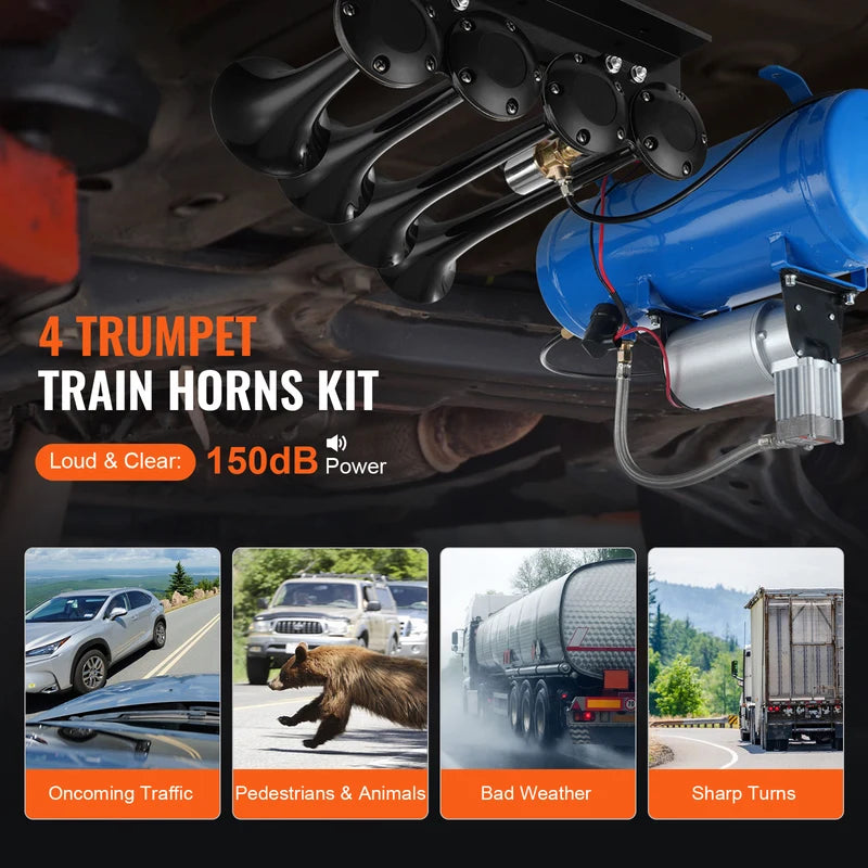 Train Horns Kit 4 Trumpets 150dB Air Horn System with Compressor and Tank