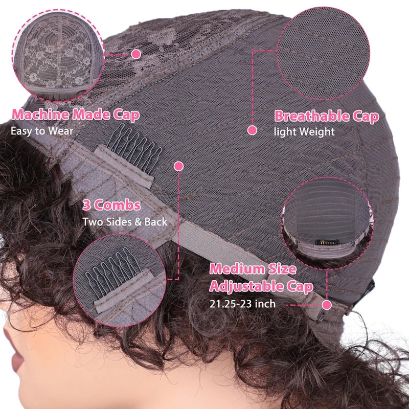 Debut Short Pixie Afro Curly Wigs for Black Women - Natural Brown, Glueless, Brazilian Human Hair