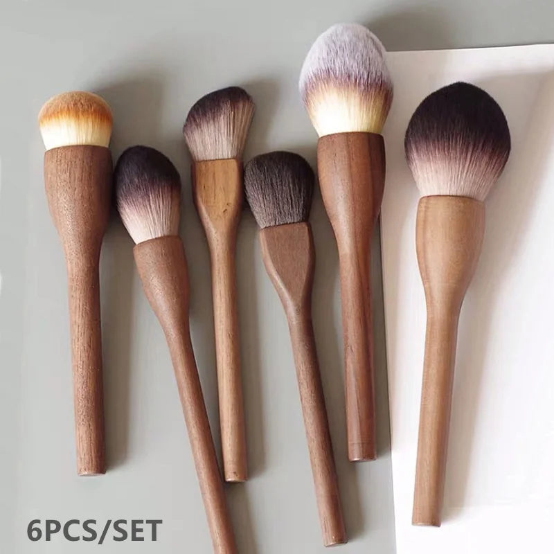 6Pcs Vintage Wood Handle Makeup Brush Set - Soft Powder, Foundation & Contour Tools