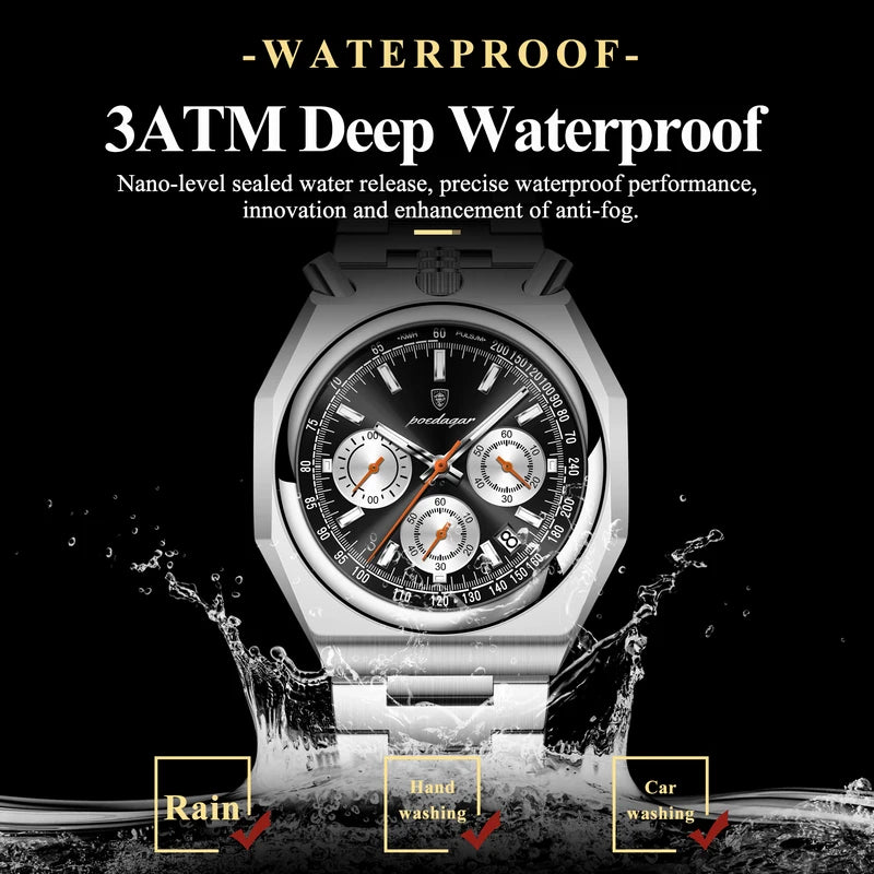 Men's Waterproof Chronograph Watch with Luminous Dial and Stainless Steel Band