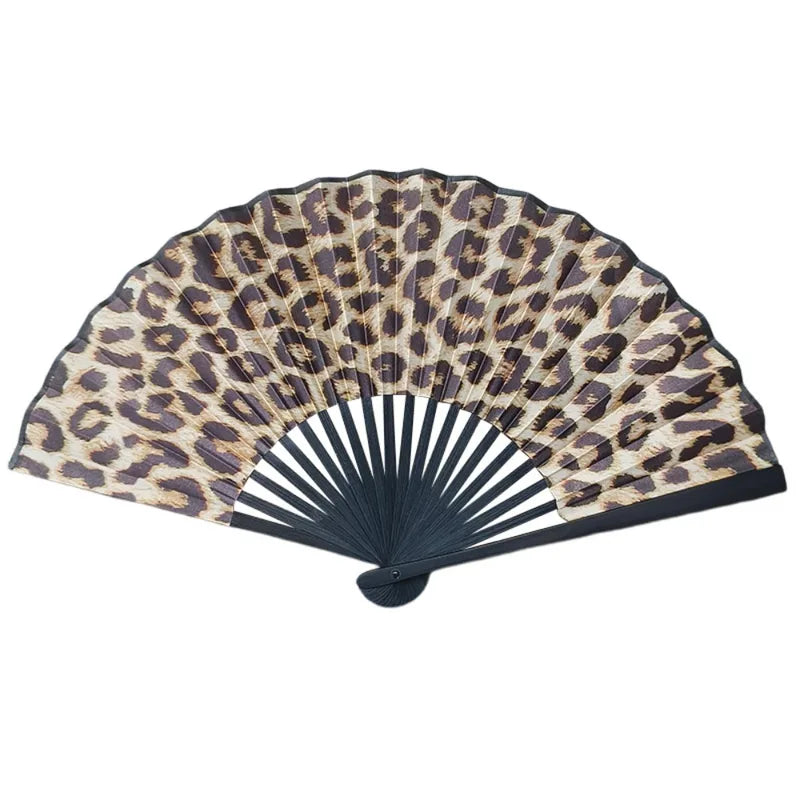 Leopard Print Folding Fan with Black Frame - Elegant Classical Dance Accessory for Women