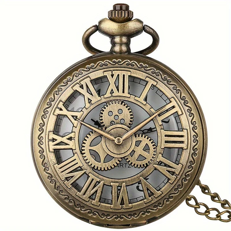 Vintage Steampunk Gear Quartz Pocket Watch with Necklace & World-Time