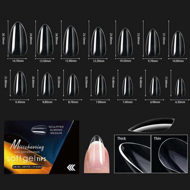 120/140pcs Almond Stiletto Fake Nail Tips - Clear Soft Nail Extensions for DIY Manicure