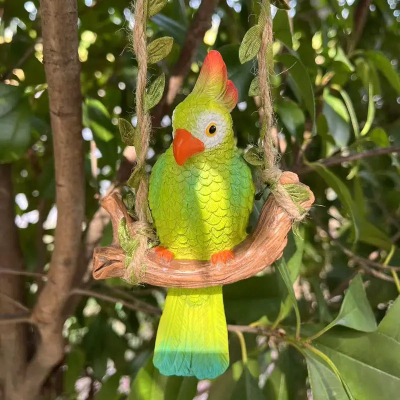 Cute Parrot Wood Swing Animal Statue for Garden and Patio Decor