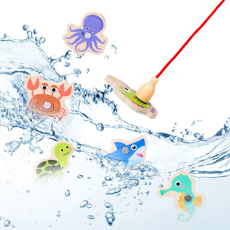 Wooden Magnetic Fishing Toys for Children Marine Life Learning Interactive Baby Game