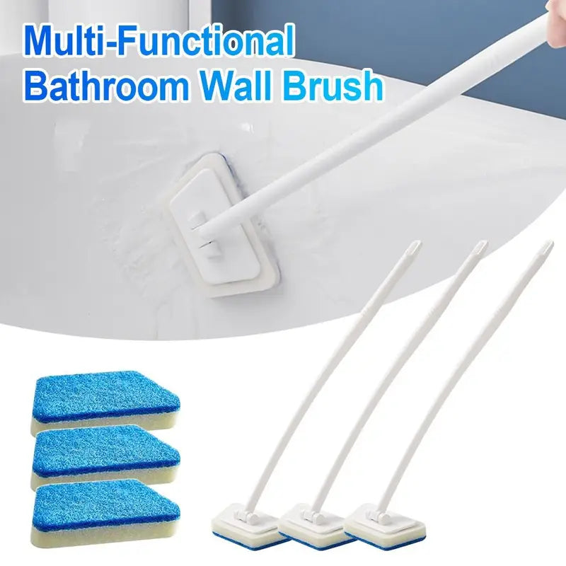 Multi-Functional Bathroom Wall Brush with Long Handle and Replaceable Sponge
