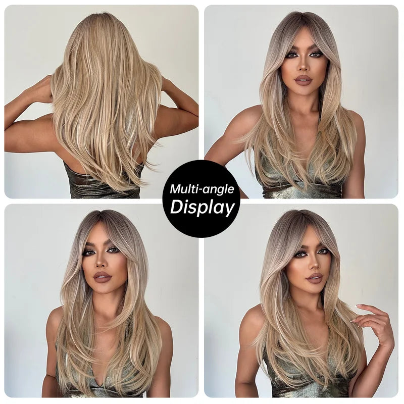 Long Straight Synthetic Wig with Bangs for Women - Blonde Platinum Highlight, Heat-Resistant, 24 Inch