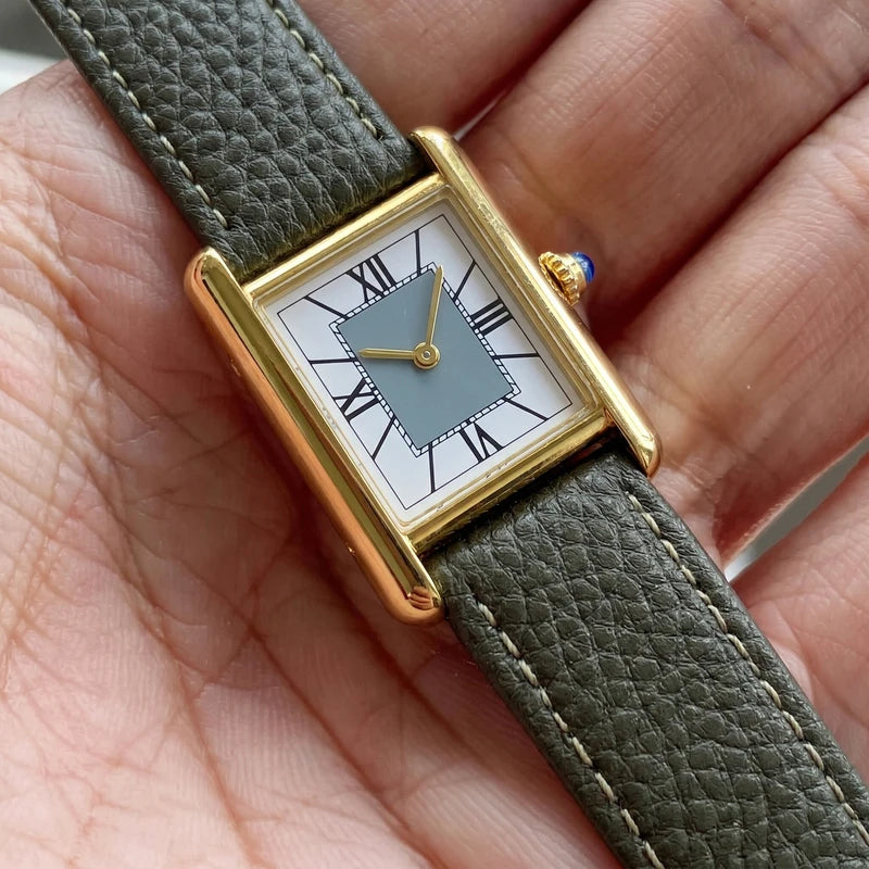 Luxury Minimalist Square Watch - Gold Case, Grey Dial, Green Strap