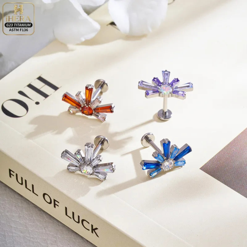 Titanium Body Jewelry Piercing Rings Set with CZ Heart Flower Key Studs