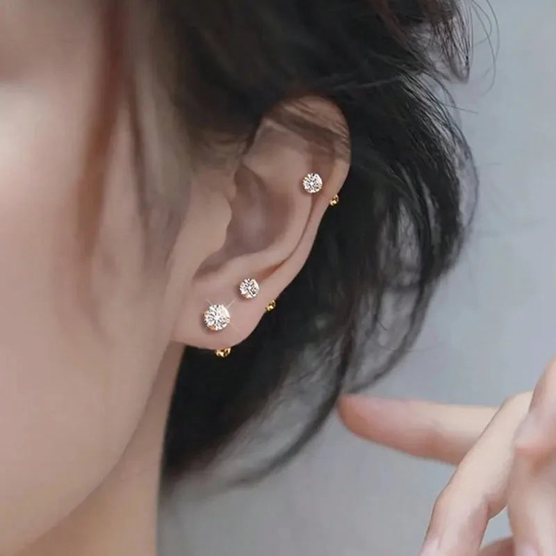 3 Pairs Zirconia Stud Earrings for Women - Classic Round Jewelry, Stainless Steel