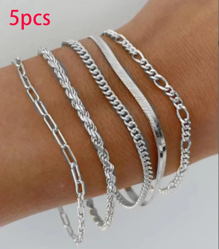 Silver Color Chain Bead Bracelets Set for Women - Elegant Casual Jewelry, Versatile for Beach, Vacation & Parties