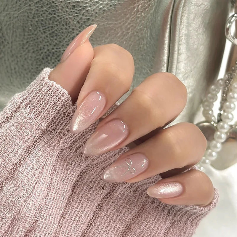 24pcs Almond Press-On Nails Tips with Blush Design - Short Oval Fake Nails for Manicure