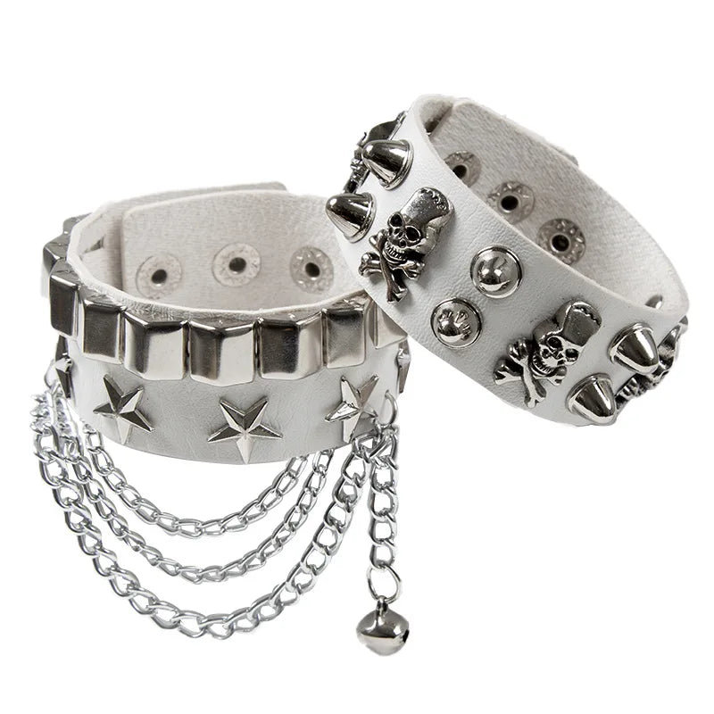 2-Pack Emo Goth Punk Leather Bracelets with Skull Rivets & Metal Chain
