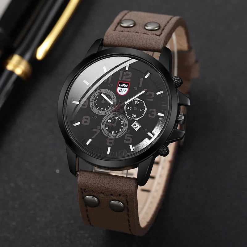Men's Casual Leather Band Quartz Watch with Calendar - Multiple Colors